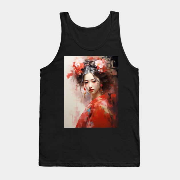 Japanese Girl in Red With Flowers in Her Hair Tank Top by kansaikate